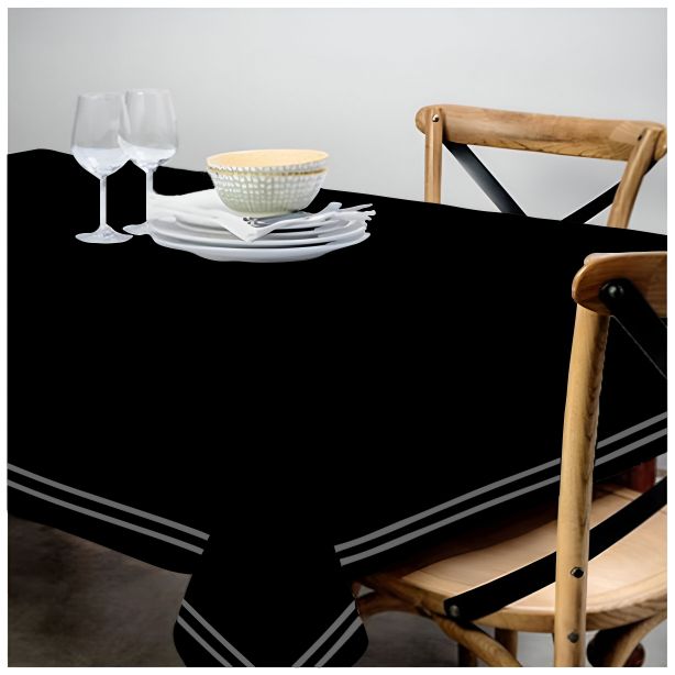 Double Embroidery Border Sateen Cotton Solid Table Cloth - Black