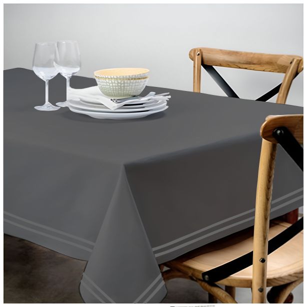 Double Embroidery Border Sateen Cotton Solid Table Cloth - Dark Grey
