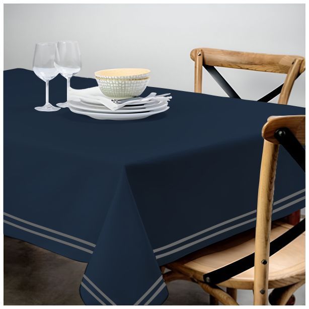 Double Embroidery Border Sateen Cotton Solid Table Cloth - Navy