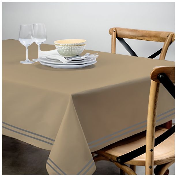 Double Embroidery Border Sateen Cotton Solid Table Cloth - Taupe
