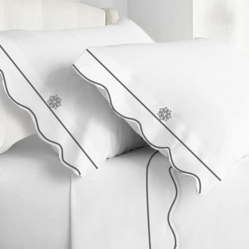 Monogram 400TC Cotton Scallop Embroidery & Border Sateen Solid Sheet Set