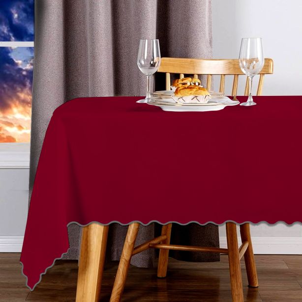 Scallop Embroidery Sateen Cotton Solid Table Cloth - Burgundy