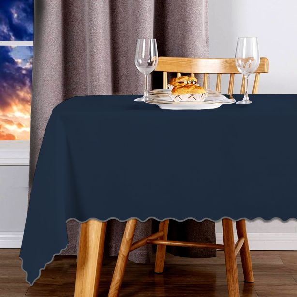 Scallop Embroidery Sateen Cotton Solid Table Cloth - Navy
