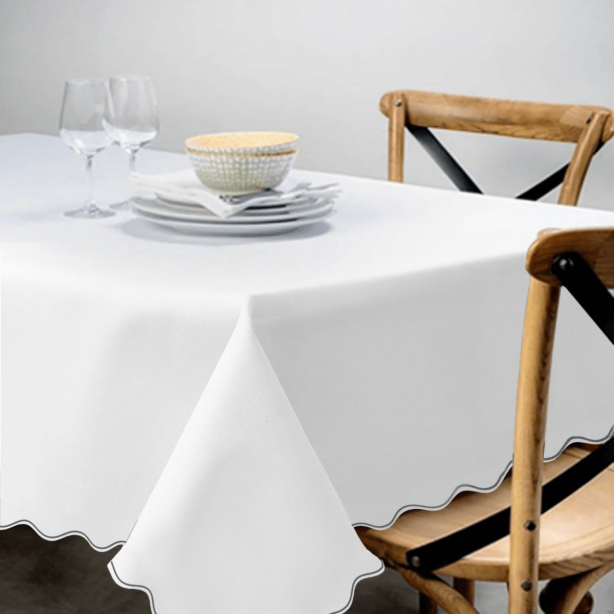 Scallop Embroidery Sateen Poly Cotton Solid Table Cloth