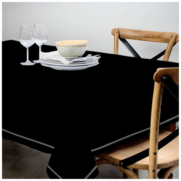 Single Embroidery Border Sateen Cotton Solid Table Cloth - Black