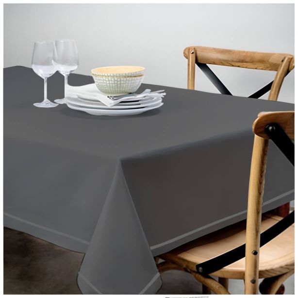 Single Embroidery Border Sateen Cotton Solid Table Cloth - Dark Grey