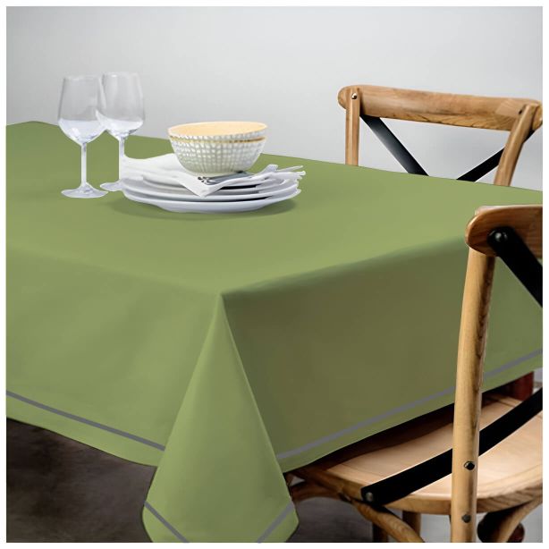 Single Embroidery Border Sateen Cotton Solid Table Cloth - Sage