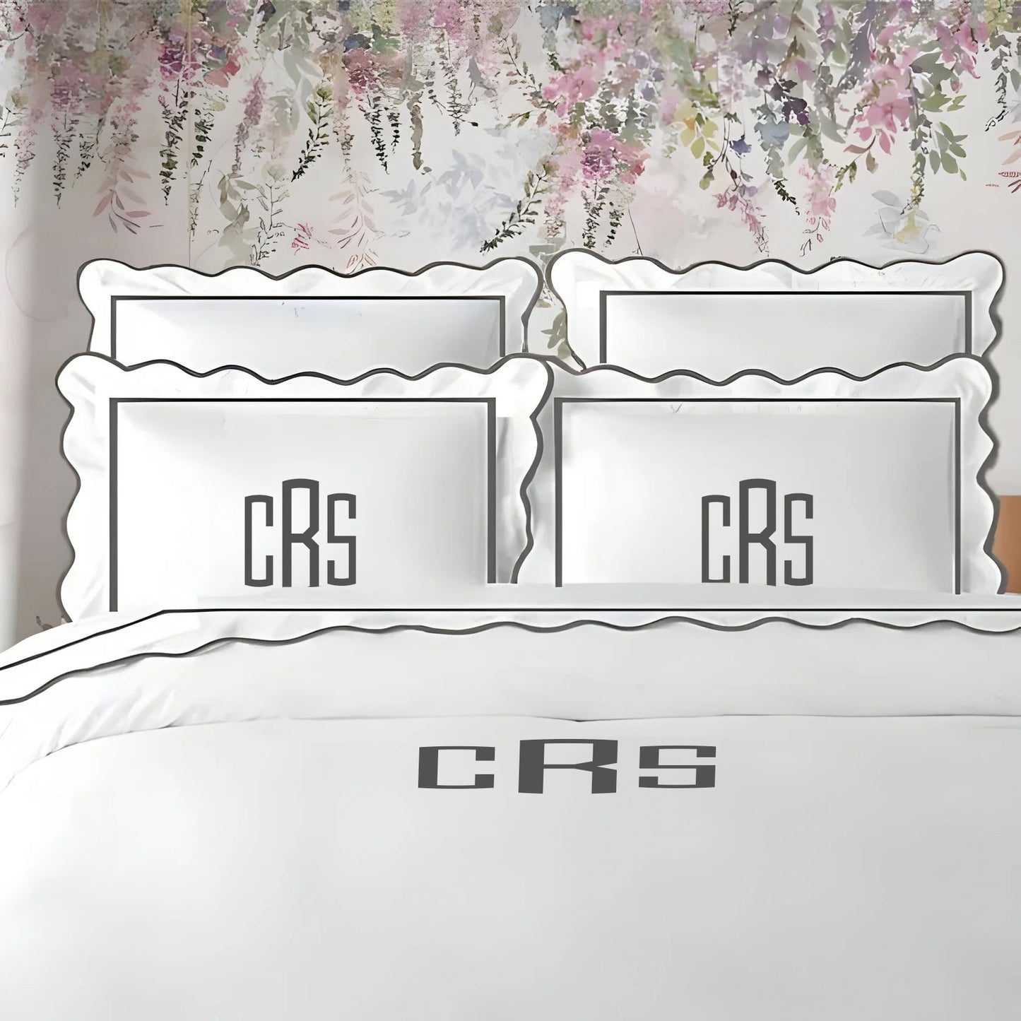 Monogram 400TC Cotton Scallop Embroidery & Border Sateen Solid Duvet Cover Set