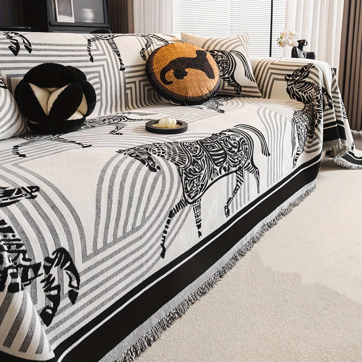 Luxurious Chenille Horse Design Sofa Cover Decor in Orange & Green