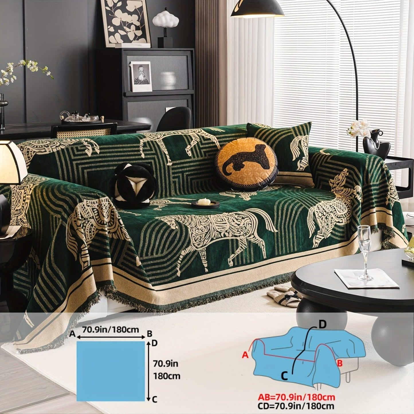 Luxurious Chenille Horse Design Sofa Cover Decor in Orange & Green