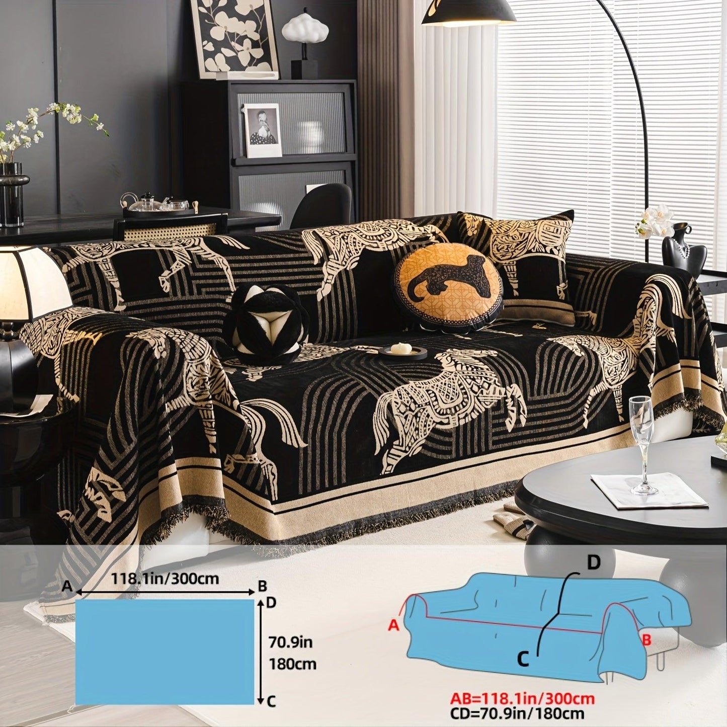 Luxurious Chenille Horse Design Sofa Cover Decor in Orange & Green