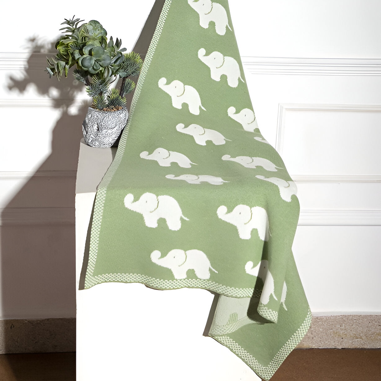 Elephant Green Knitted Cotton Baby Blanket