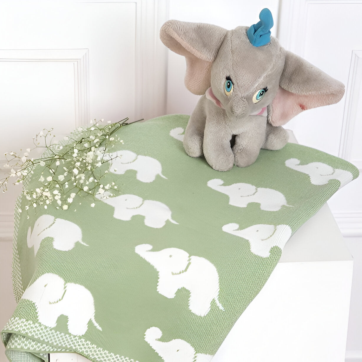 Elephant Green Knitted Cotton Baby Blanket
