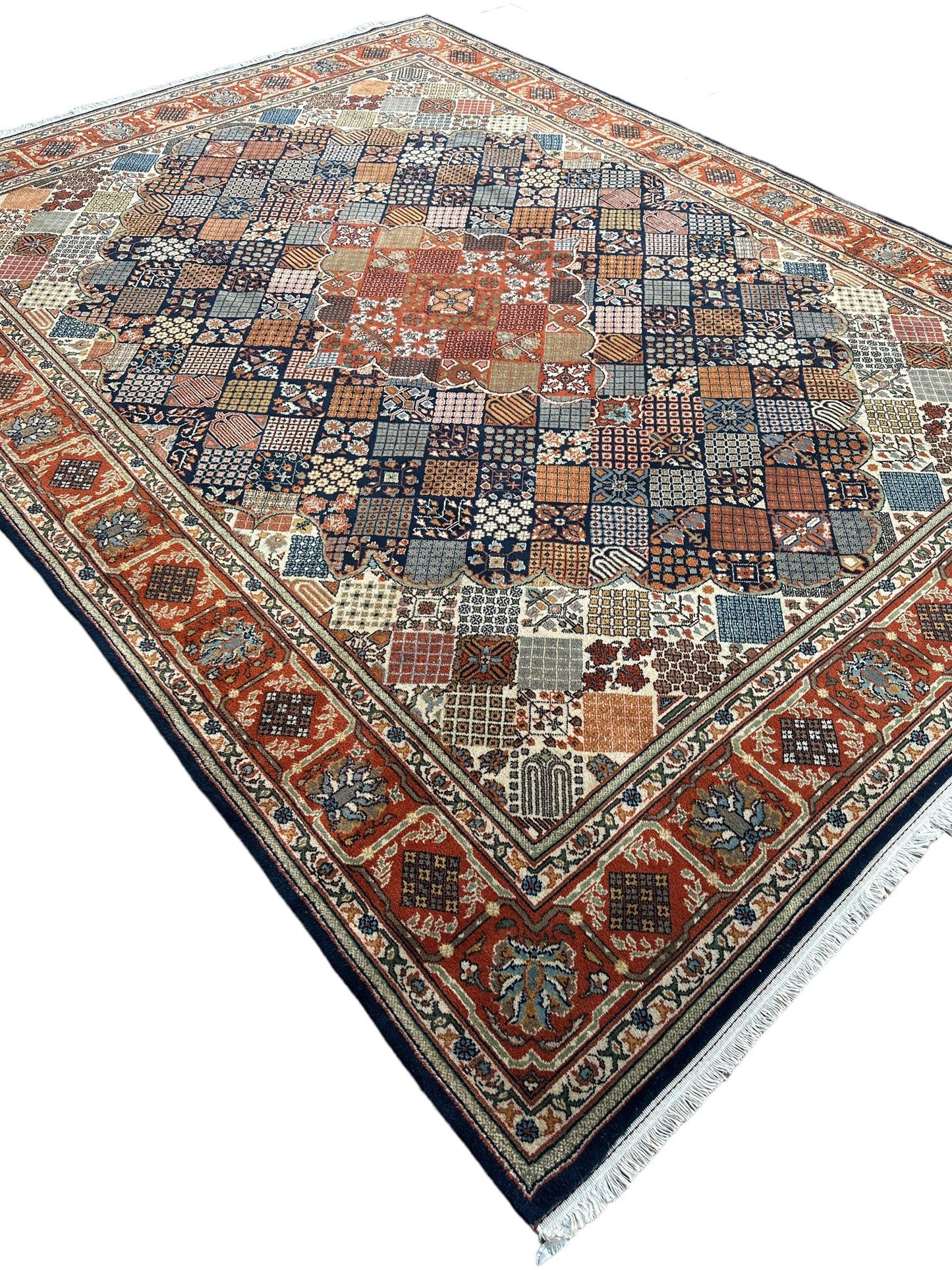 Hand-Knotted Indo-Joshegan Wool Rug – 12'2" x 9'1" – Geometric Medallion Design, Rich Warm Palette