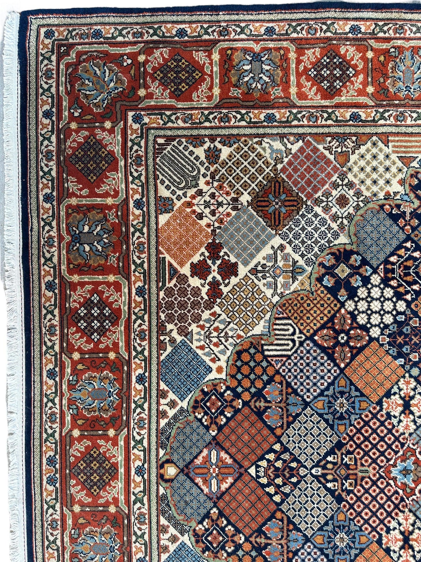 Hand-Knotted Indo-Joshegan Wool Rug – 12'2" x 9'1" – Geometric Medallion Design, Rich Warm Palette