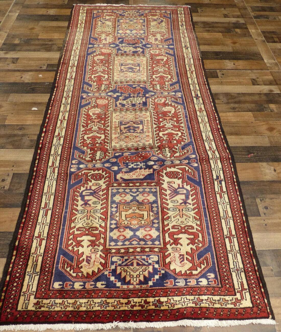 Geometric Meshkin Persian Vintage Runner Rug Handmade Wool Carpet - 4'0"x 10'4"
