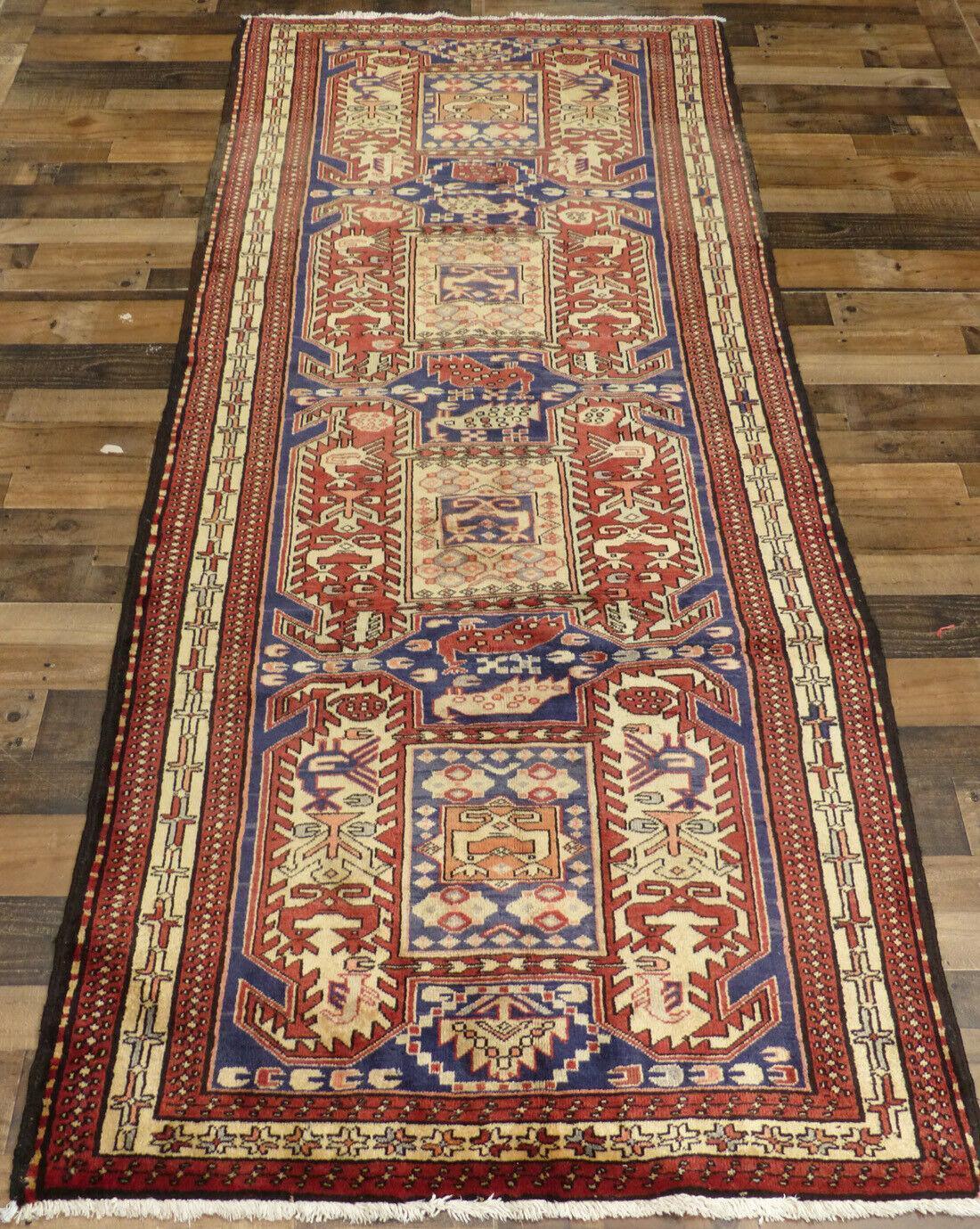 Geometric Meshkin Persian Vintage Runner Rug Handmade Wool Carpet - 4'0"x 10'4"