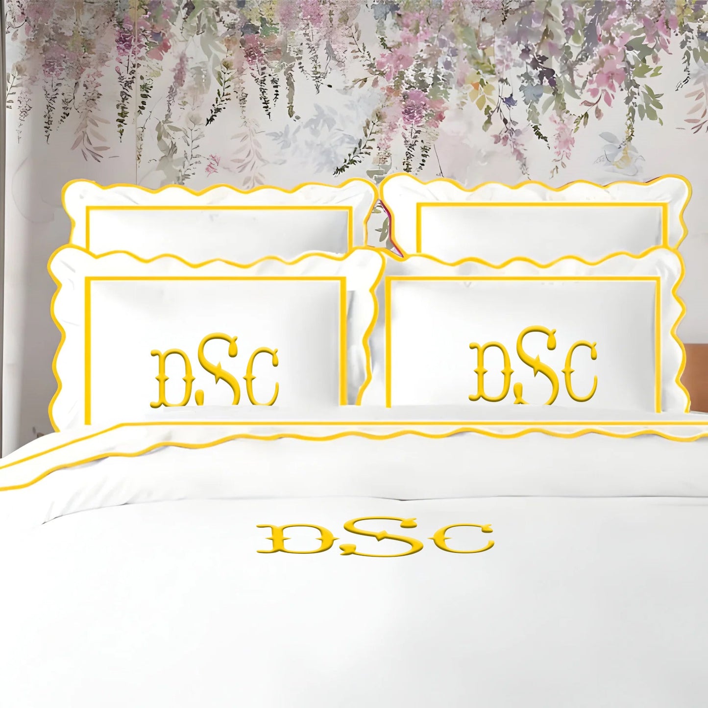 Monogram 400TC Cotton Scallop Embroidery & Border Sateen Solid Duvet Cover Set