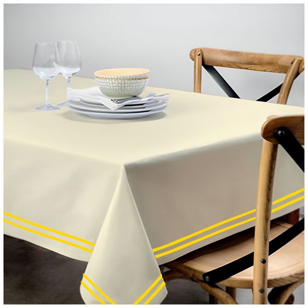 Double Embroidery Border Sateen Cotton Solid Table Cloth - Ivory