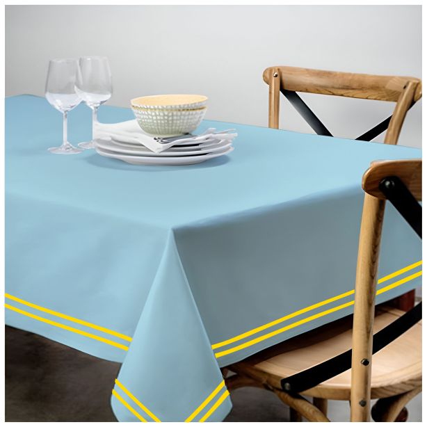 Double Embroidery Border Sateen Cotton Solid Table Cloth - Light Blue