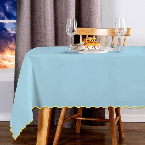 Scallop Embroidery Sateen Cotton Solid Table Cloth - Light Blue