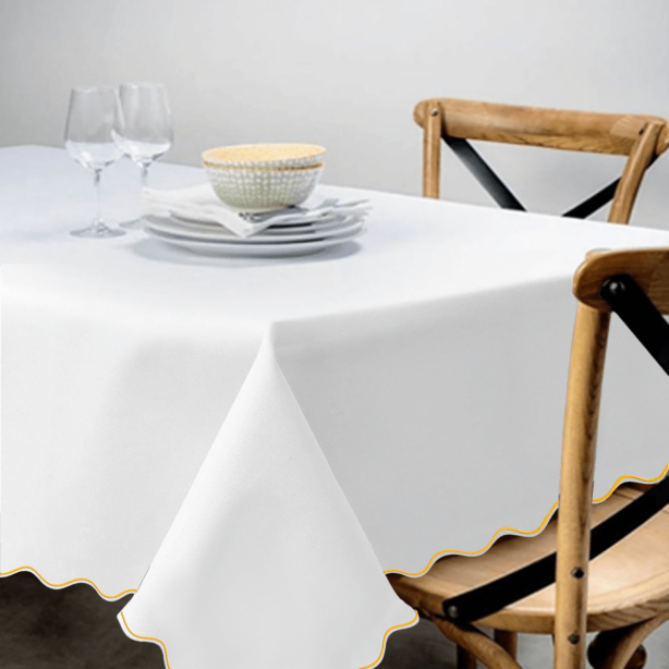 Scallop Embroidery Sateen Poly Cotton Solid Table Cloth