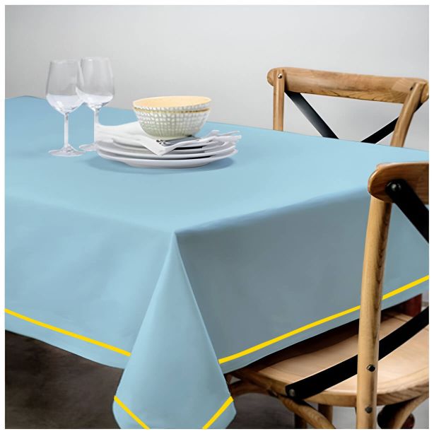 Single Embroidery Border Sateen Cotton Solid Table Cloth - Light Blue