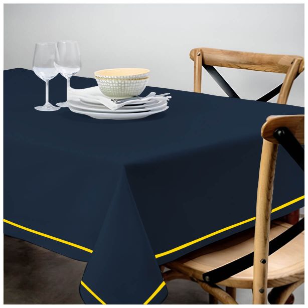 Single Embroidery Border Sateen Cotton Solid Table Cloth - Navy