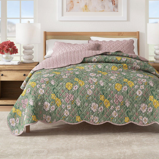 Floral Print & Scalloped Edge Cotton Quilt Set - Gwen Collection