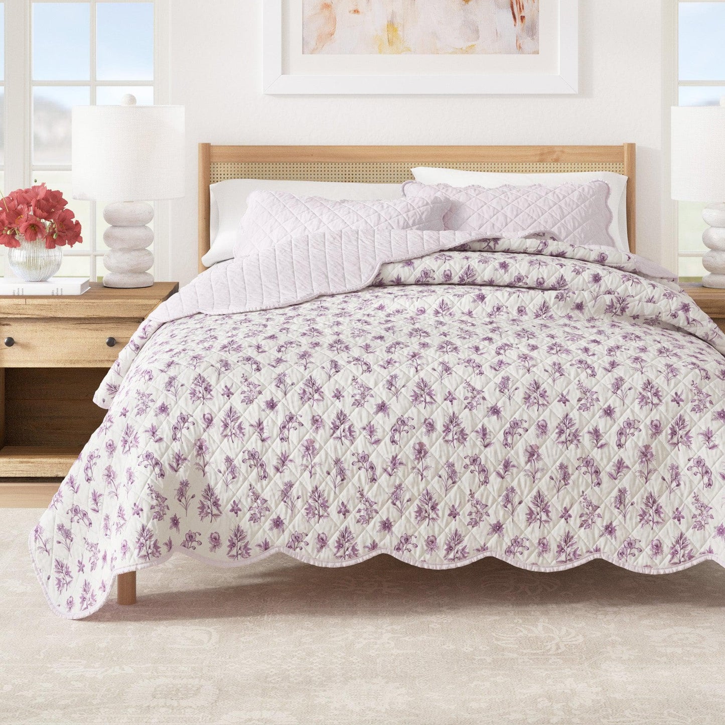 Floral Print & Scallopeded Edge Cotton Quilt Set - Sandie Collection