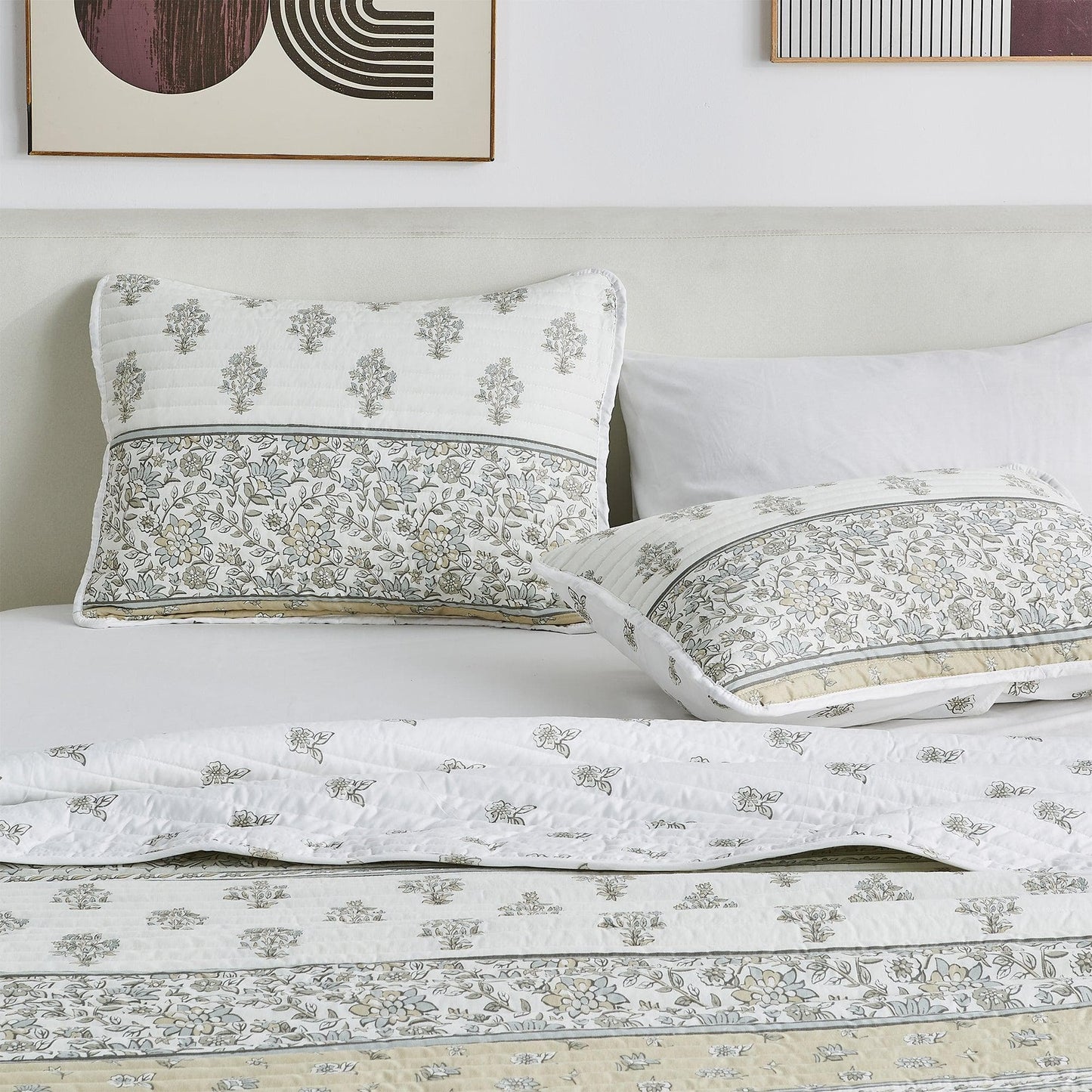Floral Striped Microfiber Quilt Set - Hermine Collection