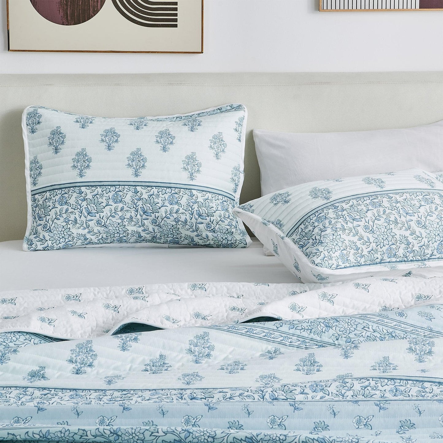Floral Striped Microfiber Quilt Set - Hermine Collection