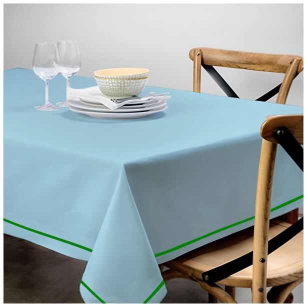 Single Embroidery Border Sateen Cotton Solid Table Cloth - Light Blue