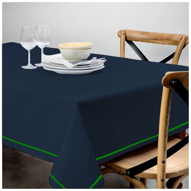 Single Embroidery Border Sateen Cotton Solid Table Cloth - Navy