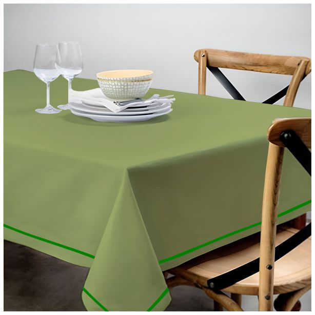 Single Embroidery Border Sateen Cotton Solid Table Cloth - Sage
