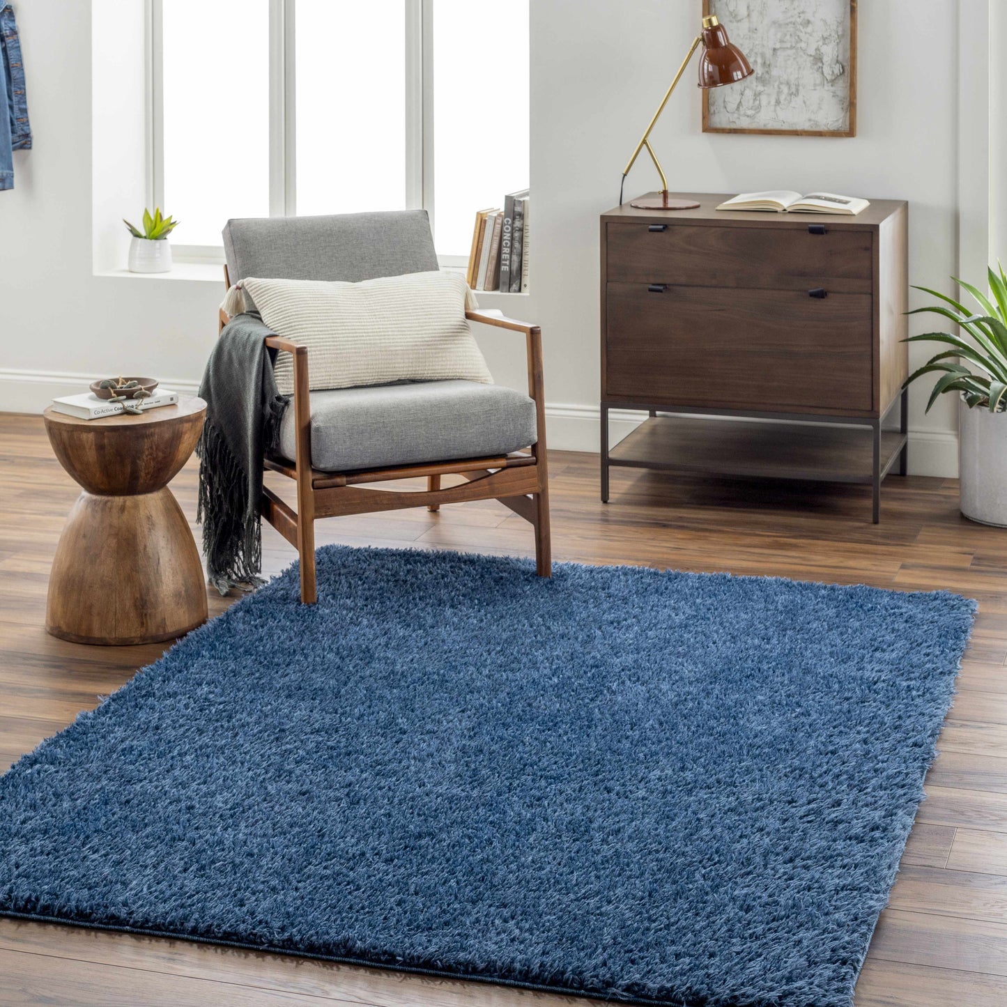Faina Solid Dark Blue Shag Washable Area Rug - Clearance