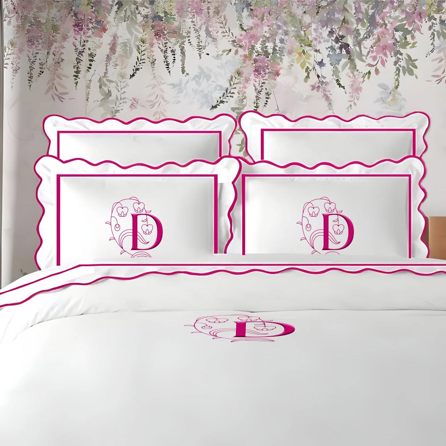 Monogram 400TC Cotton Scallop Embroidery & Border Sateen Solid Duvet Cover Set