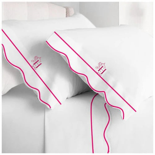 Monogram 400TC Cotton Scallop Embroidery & Border Sateen Solid Sheet Set