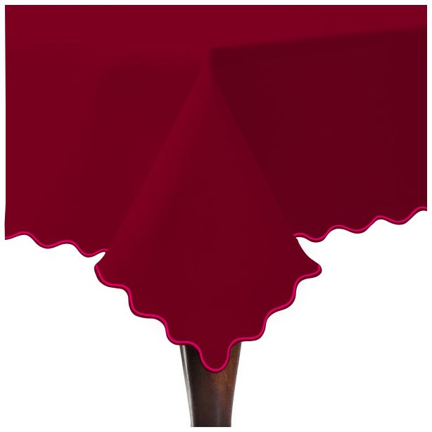 Scallop Embroidery Sateen Cotton Solid Table Cloth - Burgundy