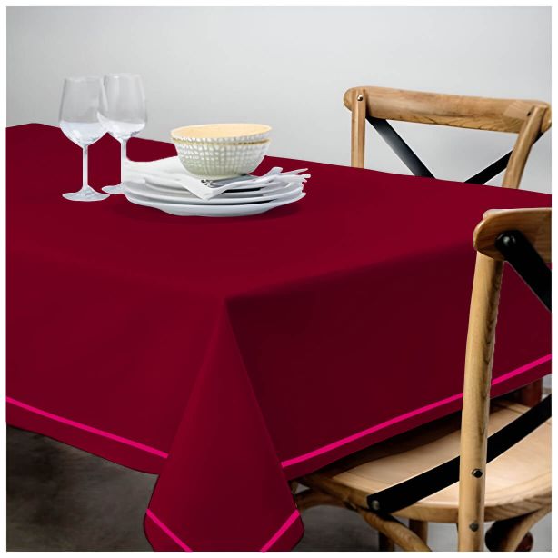 Single Embroidery Border Sateen Cotton Solid Table Cloth - Burgundy