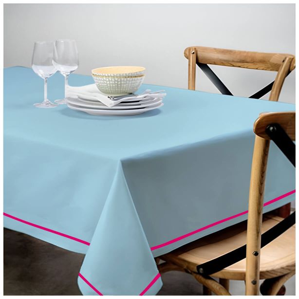 Single Embroidery Border Sateen Cotton Solid Table Cloth - Light Blue