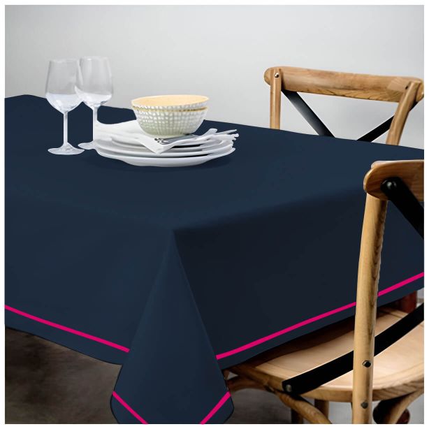 Single Embroidery Border Sateen Cotton Solid Table Cloth - Navy
