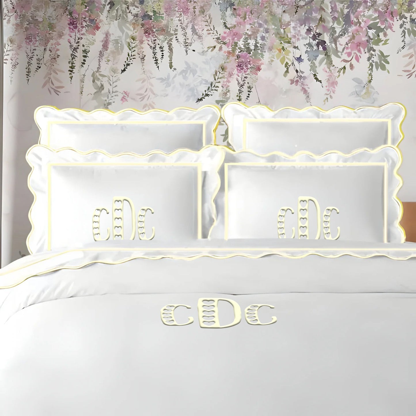 Monogram 400TC Cotton Scallop Embroidery & Border Sateen Solid Duvet Cover Set
