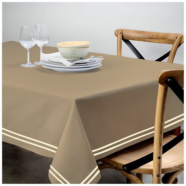 Double Embroidery Border Sateen Cotton Solid Table Cloth - Taupe