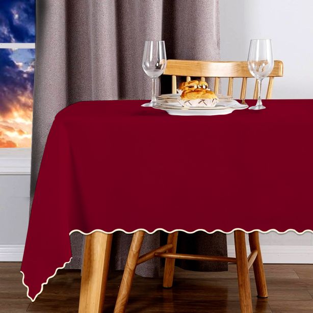 Scallop Embroidery Sateen Cotton Solid Table Cloth - Burgundy