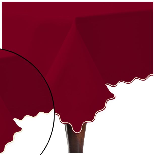Scallop Embroidery Sateen Cotton Solid Table Cloth - Burgundy