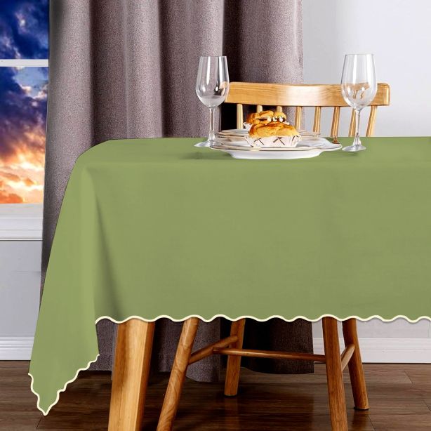 Scallop Embroidery Sateen Cotton Solid Table Cloth - Sage
