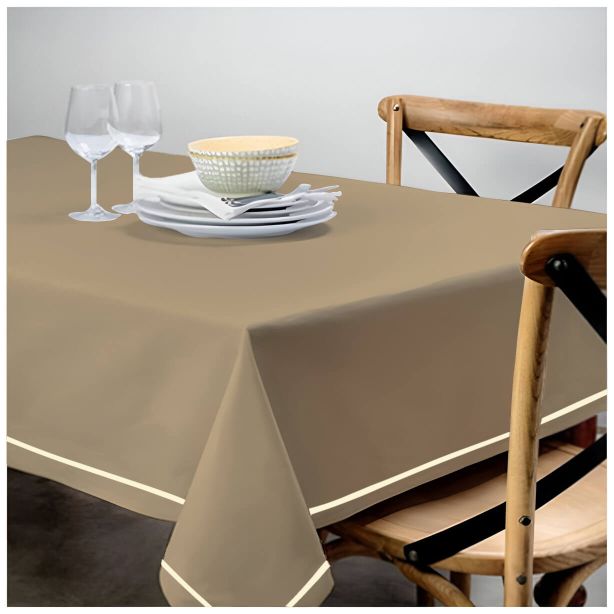 Single Embroidery Border Sateen Cotton Solid Table Cloth - Taupe