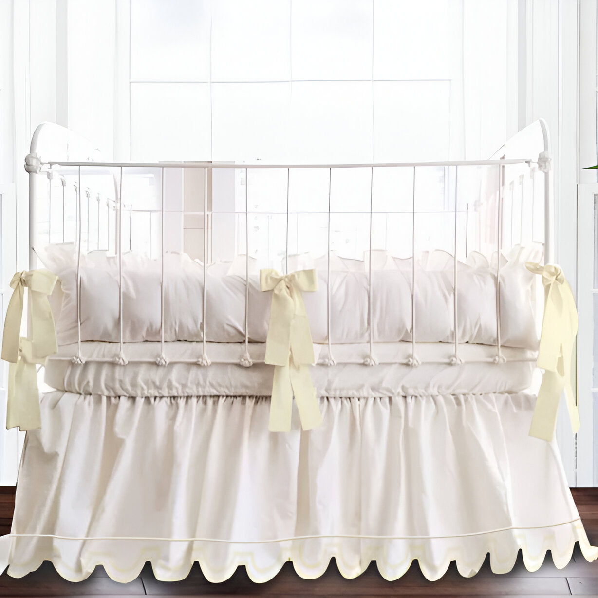 U Shape Scallop Embroidery Cotton Gathered Crib Skirt