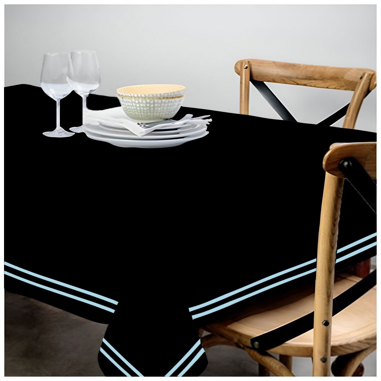 Double Embroidery Border Sateen Cotton Solid Table Cloth - Black